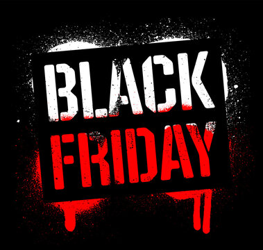 Stencil Black Friday Sale inscription. Christmas sell-out. White and red graffiti print on dark background. Vector design street art