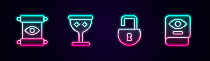 Set line Magic scroll, Medieval goblet, Open padlock and Ancient magic book. Glowing neon icon. Vector