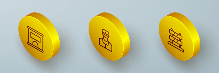 Set Isometric line Ticket office to buy tickets, Train conductor and End railway tracks icon. Vector