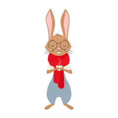 Cute brown rabbit with a cup of coffee in his hands. The symbol of the year 2023, the year of the rabbit according to the lunar calendar. Vector illustration, hand-drawn, isolated on white background