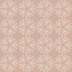 Seamless background of white mandalas in the shape of flowers on a beige background. Hand-drawn retro ornament. Design of background, template, wrapping paper, wallpaper, fabric, textile, cover.