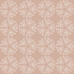 Seamless background of white mandalas in the shape of flowers on a beige background. Hand-drawn retro ornament. Design of background, template, wrapping paper, wallpaper, fabric, textile, cover.