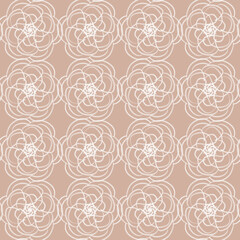 Seamless background of white mandalas in the shape of flowers on a beige background. Hand-drawn retro ornament. Design of background, template, wrapping paper, wallpaper, fabric, textile, cover.