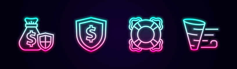 Set line Money bag with shield, Shield dollar, Lifebuoy and Tornado. Glowing neon icon. Vector