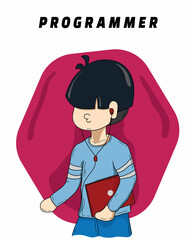 The illustration of the programmer is walking with laptop