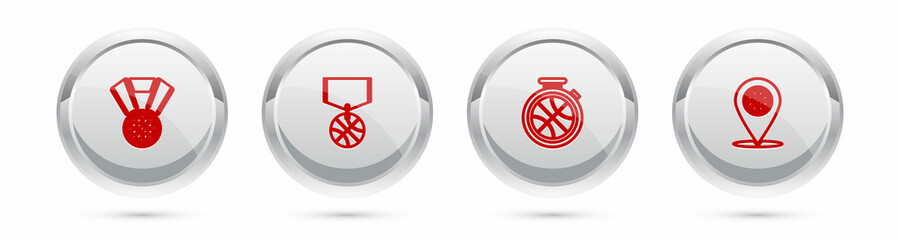 Fototapeta premium Set line Basketball medal, , Stopwatch with basketball and Location. Silver circle button. Vector