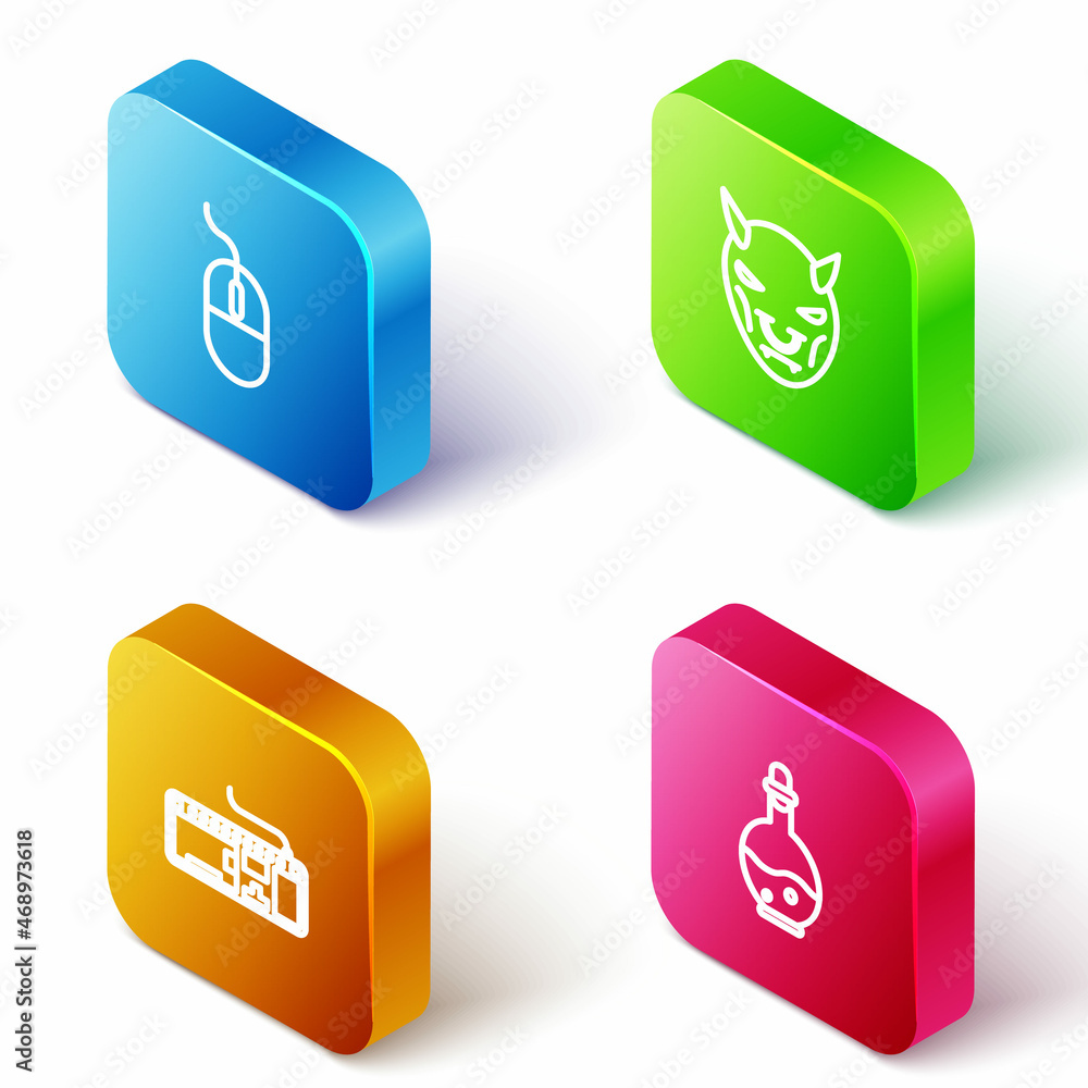 Poster set isometric line computer mouse, mask of the devil with horns, keyboard and bottle magic elixir ic