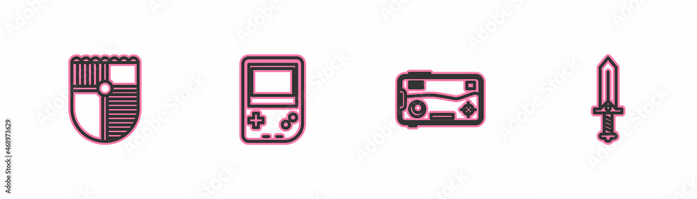 Poster set line shield for game, mobile and playing in, portable video console and sword icon. vector