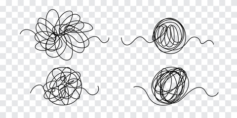 Tangle tangled thread. Doodle illustration of chaotic thread in a circle, scribble line. Yarn, twine in the ball. Hand drawn vector illustration. - obrazy, fototapety, plakaty