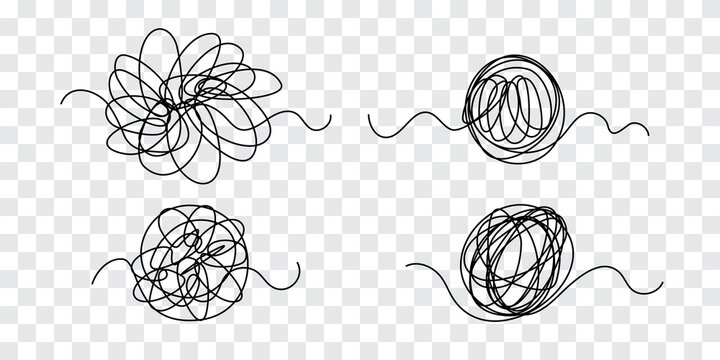 Tangle Tangled Thread. Doodle Illustration Of Chaotic Thread In A Circle, Scribble Line. Yarn, Twine In The Ball. Hand Drawn Vector Illustration.