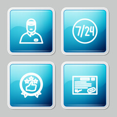 Set line Seller, Clock 24 hours, Consumer or customer product rating and Warranty certificate template icon. Vector