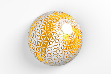 Abstract creative modern gold and white 3D three-dimensional sphere background with collapsing into many different triangles around the layer. 3d illustration.