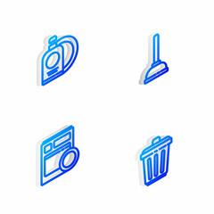 Set Isometric line Rubber plunger, Dishwashing liquid bottle and plate, Kitchen dishwasher machine and Trash can icon. Vector