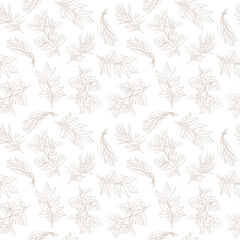 Fototapeta na wymiar Rosemary, basil, sage, bay leaf. Seamless pattern with herbs and spices hand drawn with ink lines in doodle sketch style. Vector. Suitable for kitchen fabrics, wrapping paper, menus, etc.