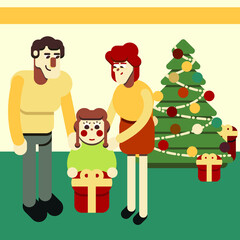 A family. Dad, kids, mom. Parents gave a gift to their daughter for the New Year. Christmas. There is a Christmas tree decorated with colorful toys. Flat design. Vector illustration for animation.