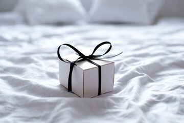 Black Friday sale with stylish gift box present and black ribbon on white bed, flat lay, top view,...