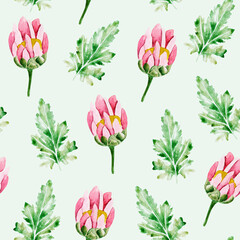 Pink chrysanthemums watercolor seamless pattern. Template for decorating designs and illustrations.