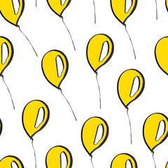 Yellow balloon in black lines watercolor seamless pattern. Template for decorating designs and illustrations.