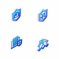 Set Isometric line Plane with shield, Travel suitcase, House and flood icon. Vector