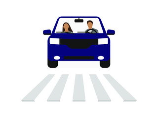 Male character (driver) and female character (passenger) in a car in front of a pedestrian crossing on a white background
