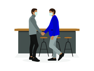 Two male characters shaking hands near a bar table on a white background