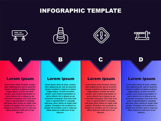 Set line Road traffic sign, Traffic cone, Exclamation mark in triangle and Parking car barrier. Business infographic template. Vector