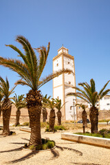 Fototapeta na wymiar Avenue of palm trees near the entrance tower of the Medina and the old city walls in Essaouira, Morocco