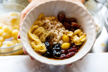 Assorted Chinese Dessert with Sweet Egg Noodles