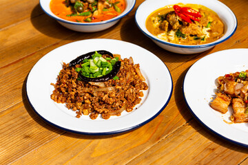 Thai food, spicy minced pork salad (Larb Moo Kua)