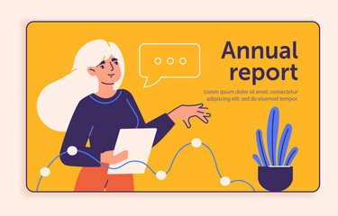 Concept of annual report. Girl stands with document in her hands. Successful employee, job done. Secretary informs boss about companys growth. Financial literacy. Cartoon flat vector illustration