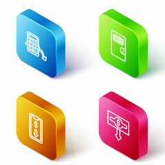 Set Isometric line Calculation of expenses, Prison cell door, Mobile stock trading and Dollar rate decrease icon. Vector