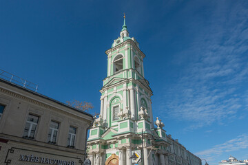 Fototapeta na wymiar View of the Bell Tower of the Church of the Beheading of John the Baptist near Bor in Moscow