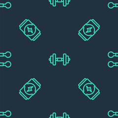 Set line Dumbbell, Energy drink and on seamless pattern. Vector