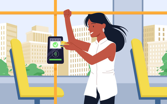 Contactless payment service for ticket vector illustration. Cartoon female passenger holding credit card, woman paying in public transport. Safe cashless payment, digital system technology concept