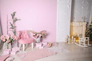 Soft pink decorations rug gift boxes and chair