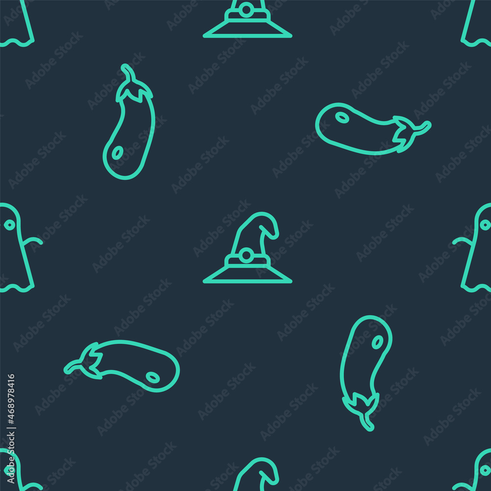 Sticker Set line Witch hat, Eggplant and Ghost on seamless pattern. Vector