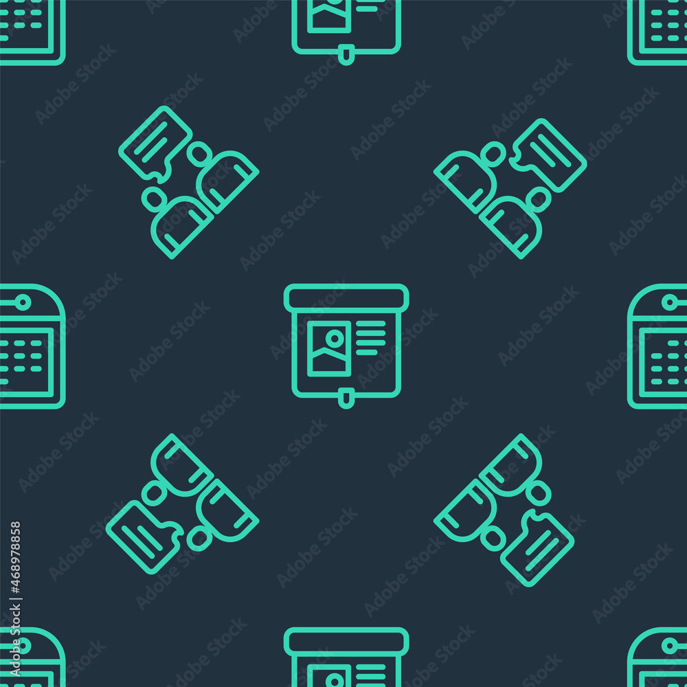 Poster set line projection screen, two sitting men talking and calendar on seamless pattern. vector