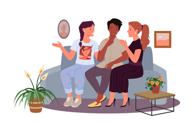 Help and support from friends to unhappy girl vector illustration. Cartoon young women talking, helping best friend with problems, sitting on couch at home together. Female friendship concept