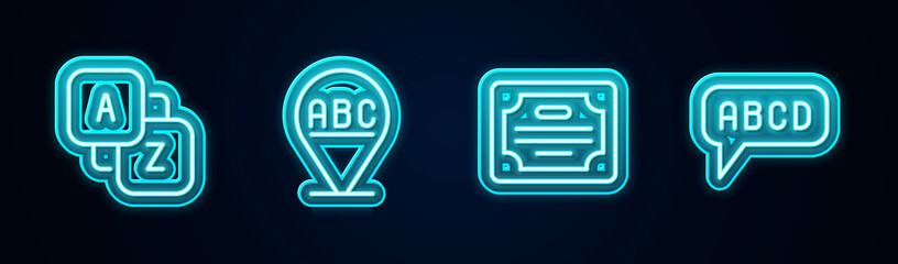Set line Vocabulary, Alphabet, Certificate template and . Glowing neon icon. Vector