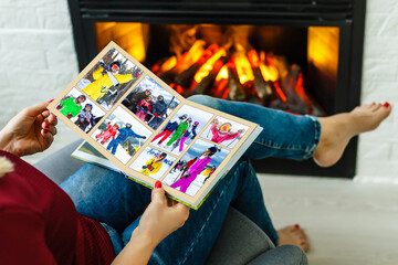 Photo collage of nine images with winter concept. Holiday season. open photo book with christmas...