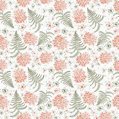 Country pattern of ferns and hydrangeas. Cute and cozy doodle style hand drawn on a white background