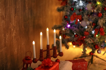 Christmas decorations in red and white. Hearts, boxes and garlands