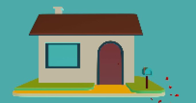 3d render with a house and a broken heart in pixel art style
