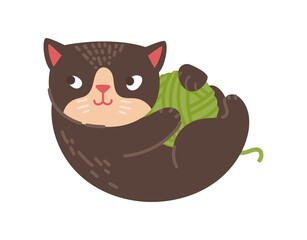 Cat playing with ball. Pet unravels tangle, brown animal. Active rest, fluffy. Cute stickers for kids, graphic elements for printing on clothes, cozy, comfort. Cartoon flat vector illustration