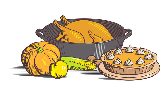 Thanksgiving dinner table. Roast turkey in a dutch oven, pumpkin pie decorated with cream, small pumpkin, apple and corn cob. Colored retro style vector illustration, isolated on white background