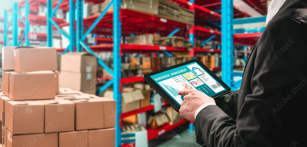 Poster warehouse management innovative software in computer for real time monitoring of goods package deliv