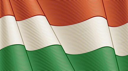 Vintage Flag Of Hungary. Close-up Background. Vector illustration in retro woodcut style.