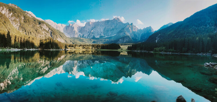 beauty of nature looking at mountains in europe. Adventure travel in Slovenia. background with forest and Alps. Freedom lifestyle