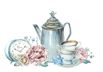 Watercolor composition of teapot, cups, table clock and pink and blue flowers.