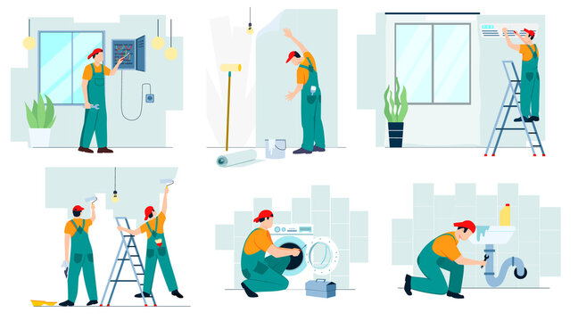 Set of professional repair service worker in green unifom make renovation in house. Repairman fix electricity, water pipe, washing machine, conditioner, glue wallpaper, paint wall. Vector illustration